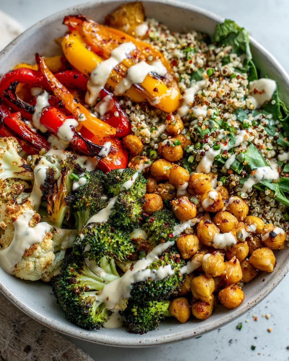A vibrant and healthy Buddha bowl filled with roasted broccoli, cauliflower, bell peppers, chickpeas, and quinoa, drizzled with a creamy tahini dressing.