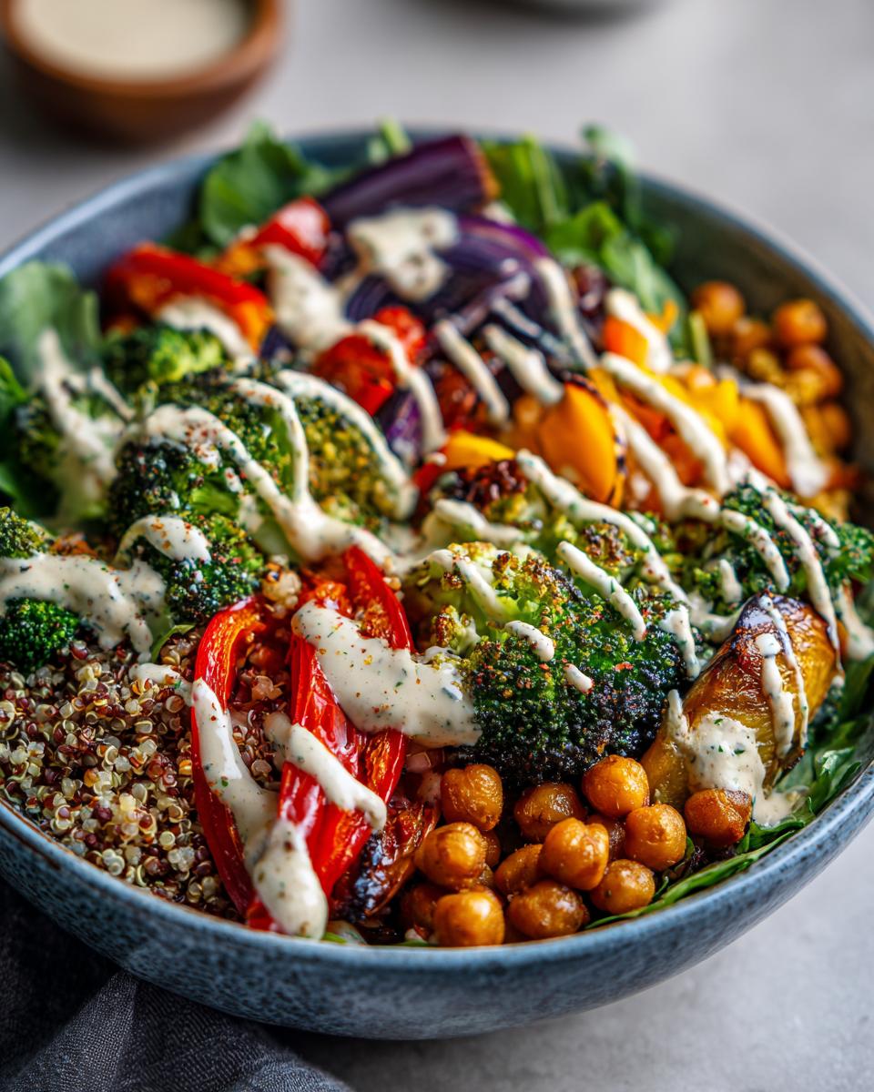 Close-up of a vibrant Buddha bowl filled with quinoa, roasted broccoli, chickpeas, bell peppers, and a creamy tahini dressing.