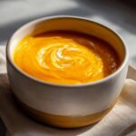 A close-up of a bowl of vibrant butternut squash soup with a swirl of cream on top.