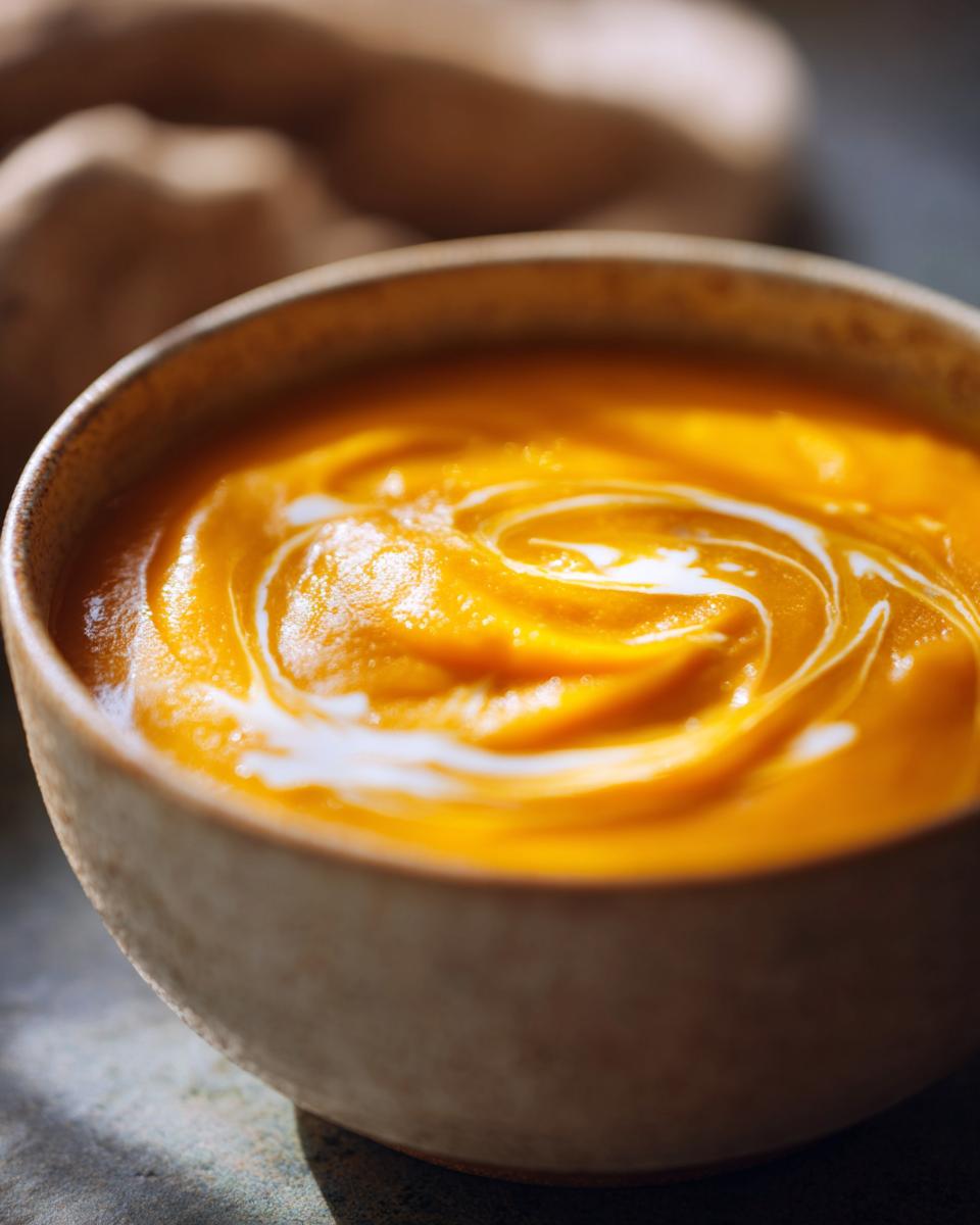 Close-up of a bowl of creamy butternut squash soup with a swirl of cream on top.