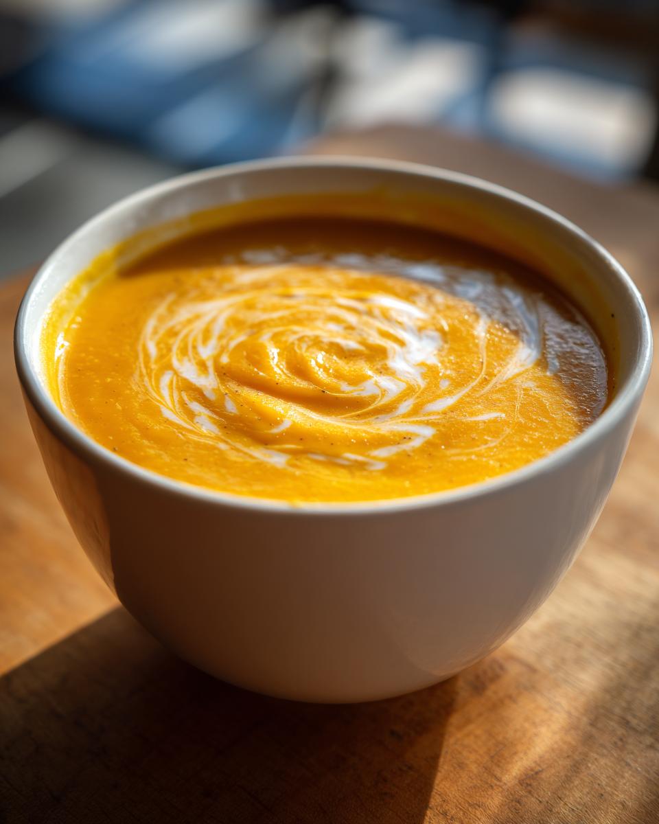 A close-up of a bowl of creamy butternut squash soup with a swirl of cream on top.