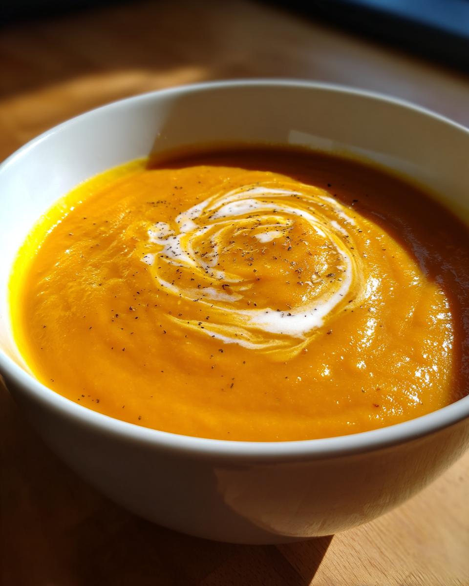 A close-up of a white bowl filled with vibrant orange butternut squash soup, topped with a swirl of cream and black pepper.