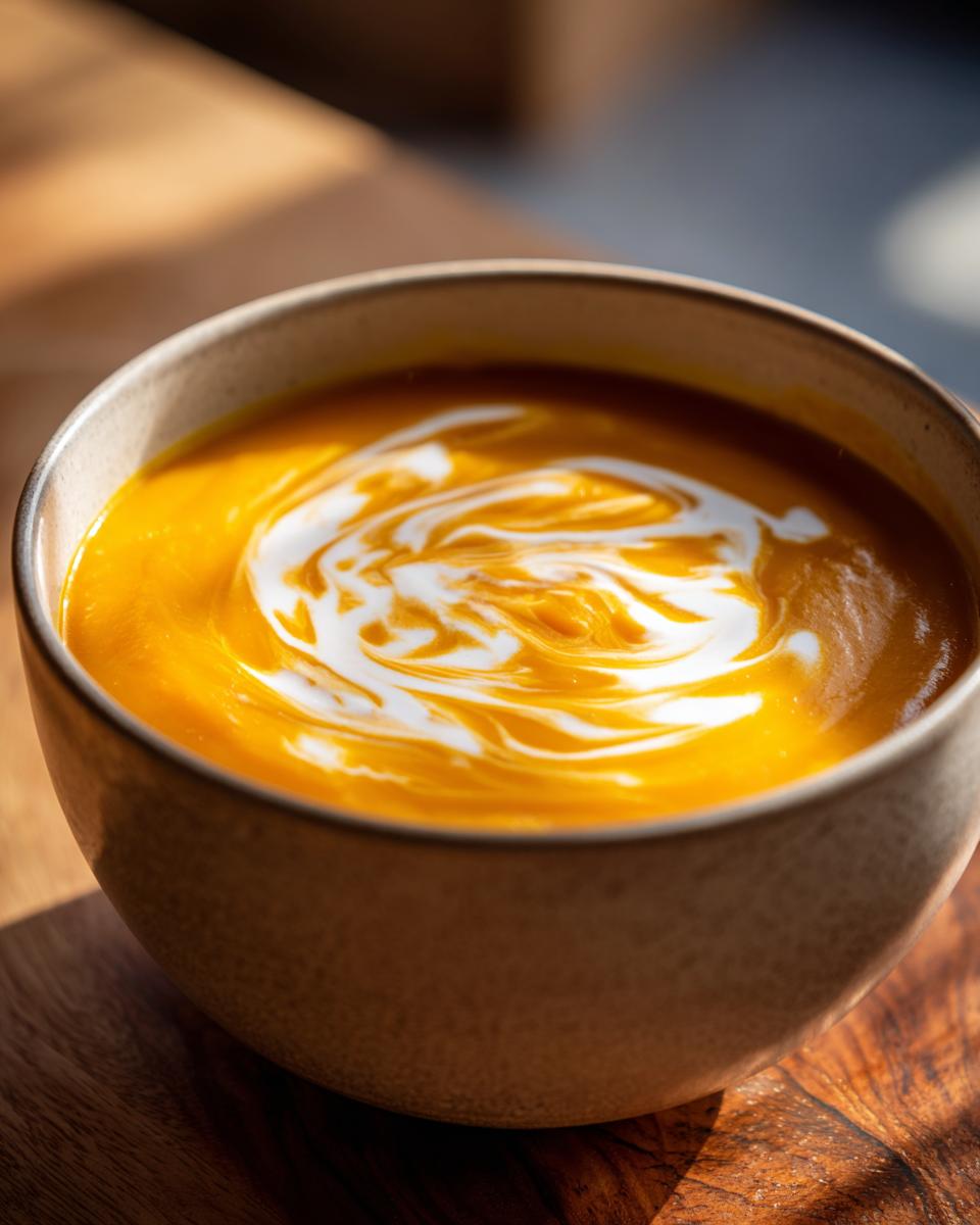 A close-up of a bowl of vibrant butternut squash soup swirled with cream.