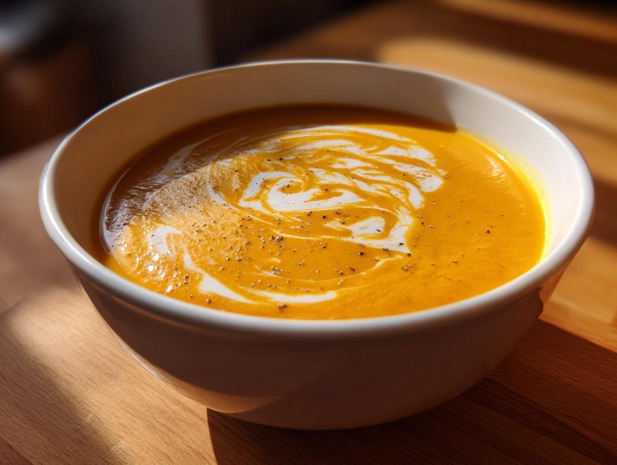 A close-up of a white bowl filled with vibrant orange butternut squash soup, topped with a swirl of cream and black pepper.