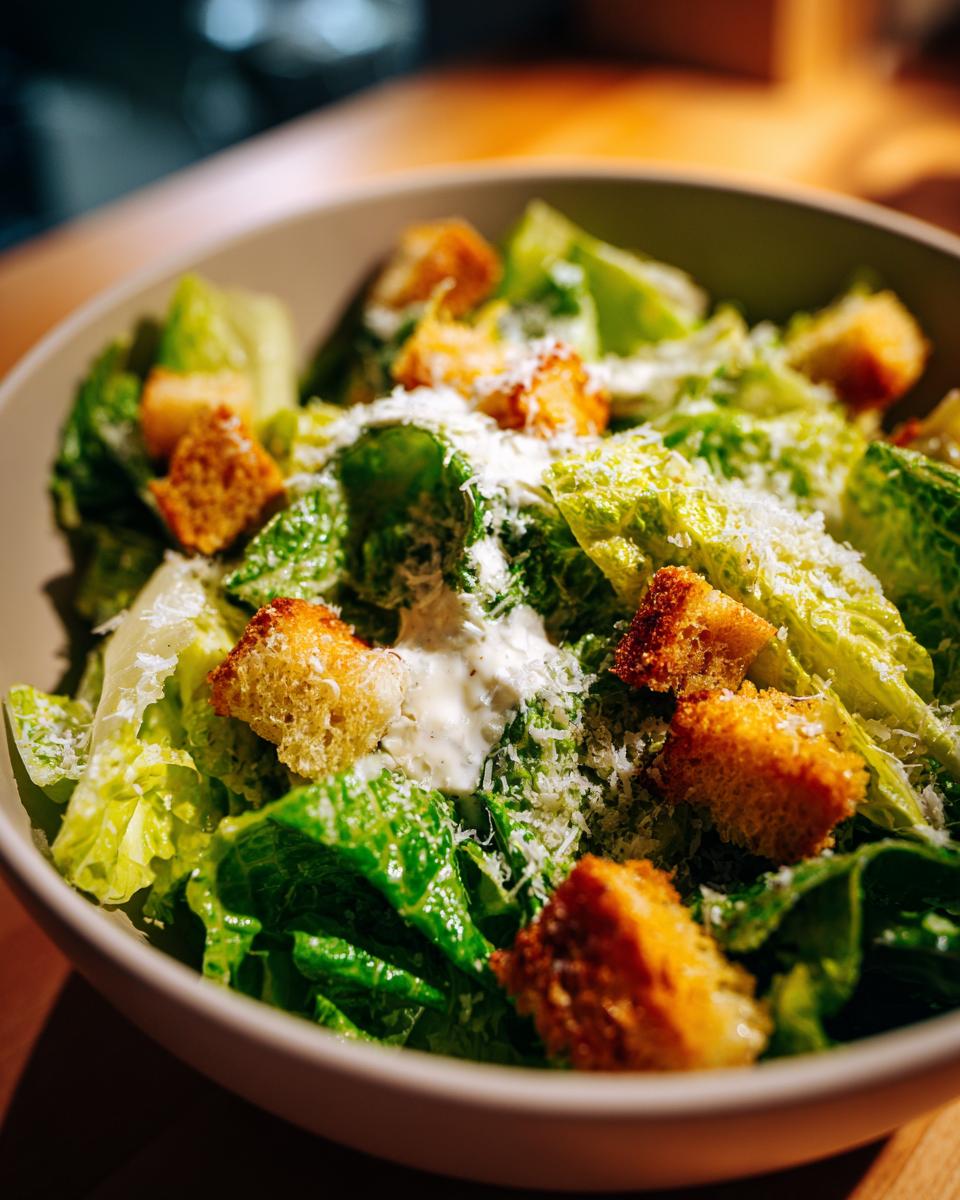 Close-up of a vibrant Caesar salad in a bowl, featuring crisp romaine lettuce, golden croutons, and grated Parmesan cheese.