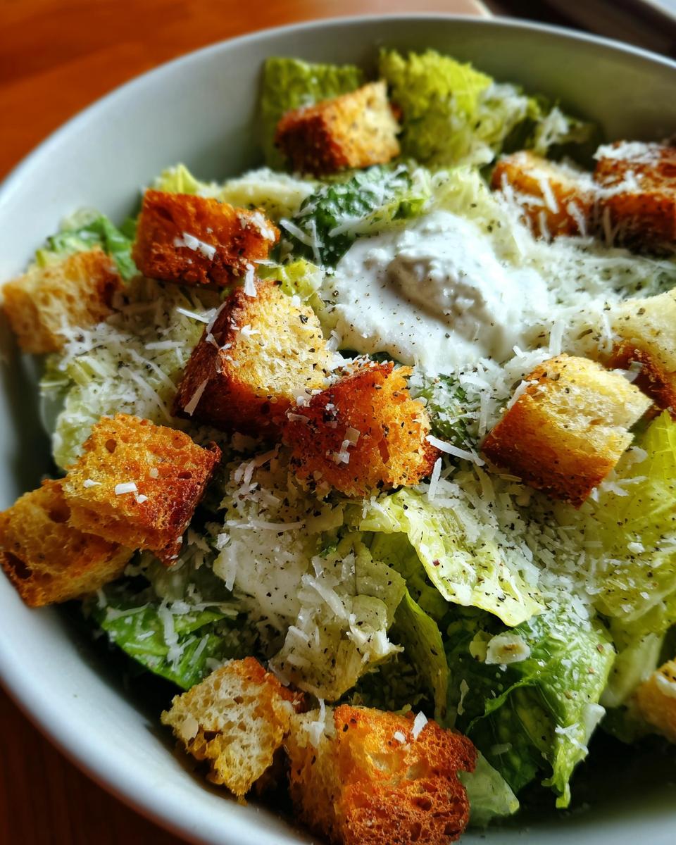 A close-up of a delicious Caesar salad with fresh romaine lettuce, golden croutons, and grated Parmesan cheese.