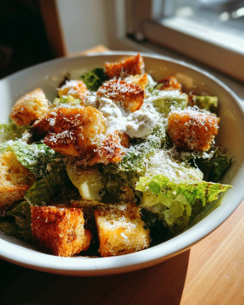 A close-up of a fresh Caesar salad in a white bowl, topped with golden croutons, grated Parmesan cheese, and a creamy dressing.