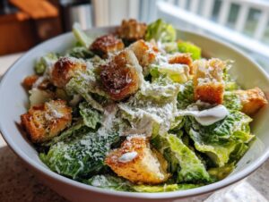 A close-up of a fresh Caesar salad in a white bowl, topped with golden croutons and grated Parmesan cheese.