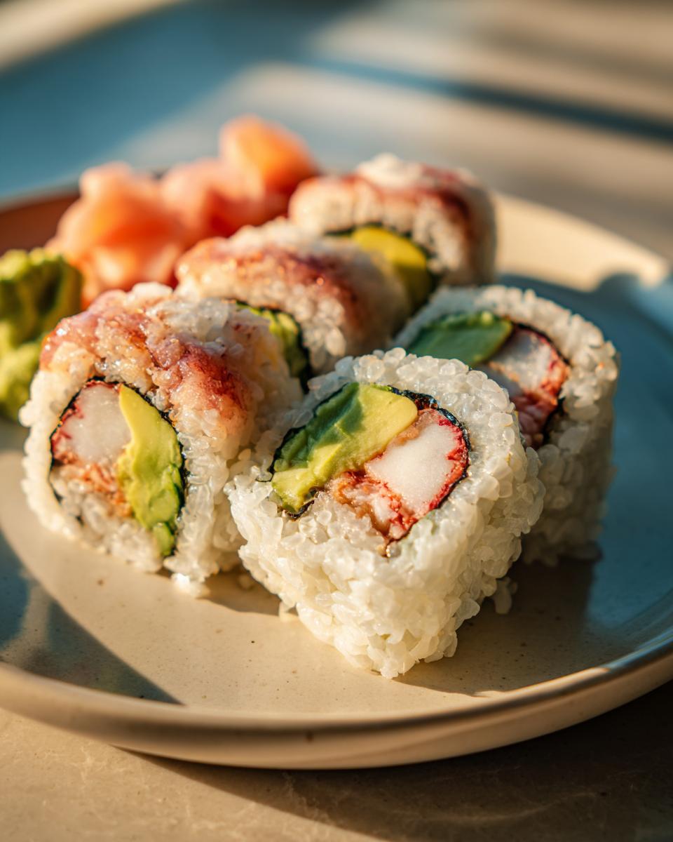 Close-up of a perfect California roll sushi with avocado, crab stick, and cucumber, served with wasabi and pickled ginger.