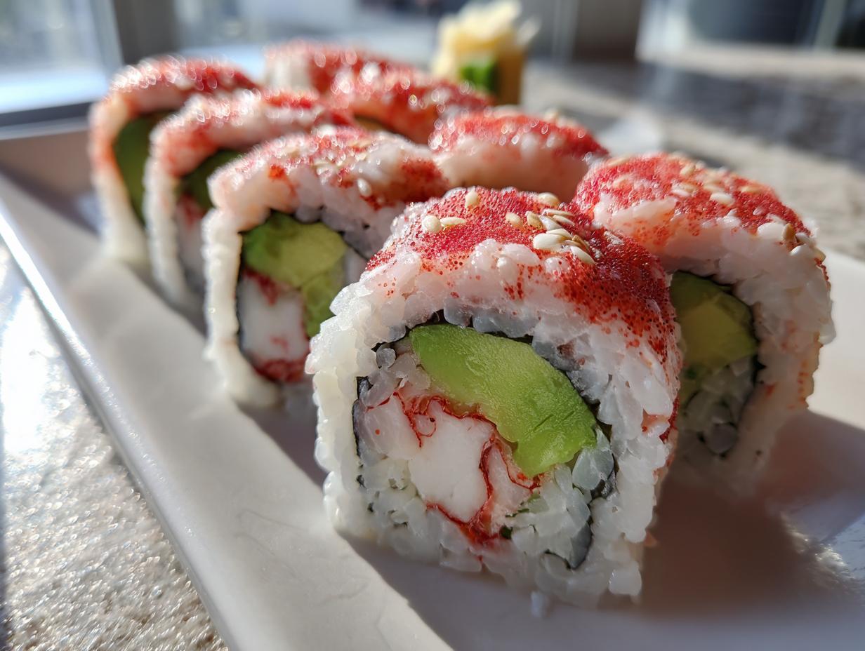 Close-up of a perfectly rolled California sushi roll, showcasing avocado, imitation crab, and sesame seeds.