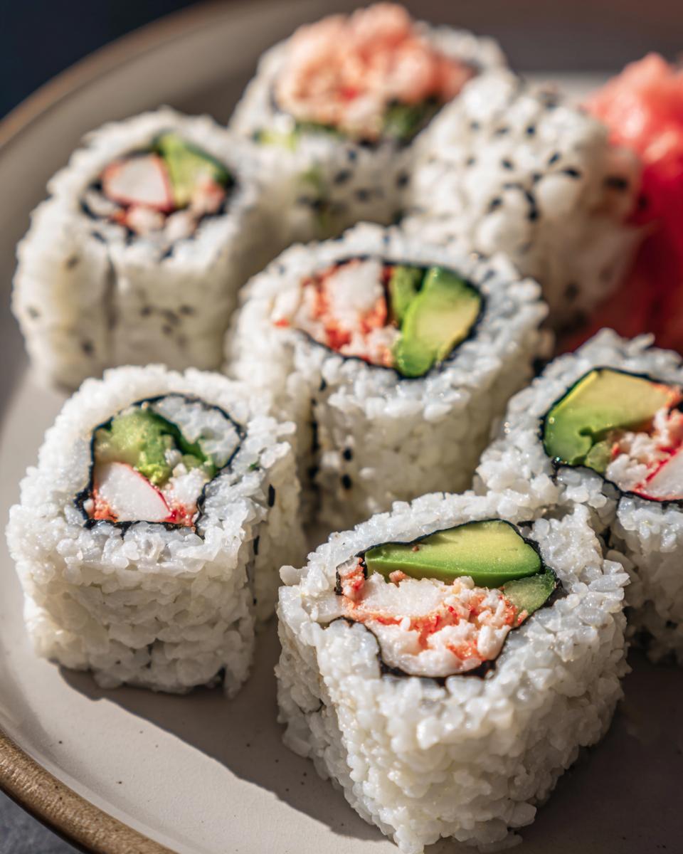 Close-up of a perfectly rolled California Sushi roll with avocado, crab stick, and rice.