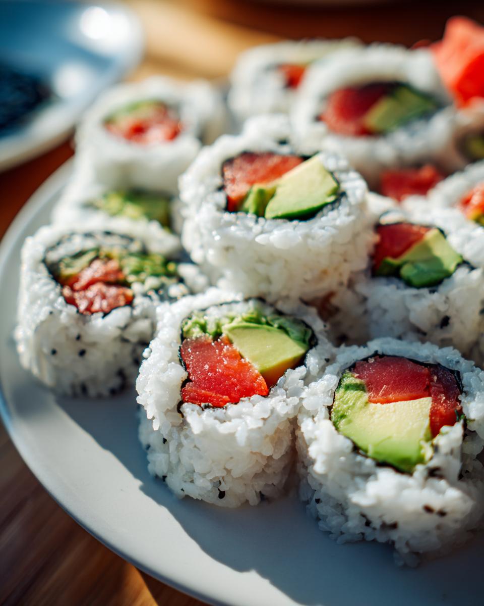Close-up of a perfectly rolled California sushi roll, showcasing fresh tuna and avocado filling.