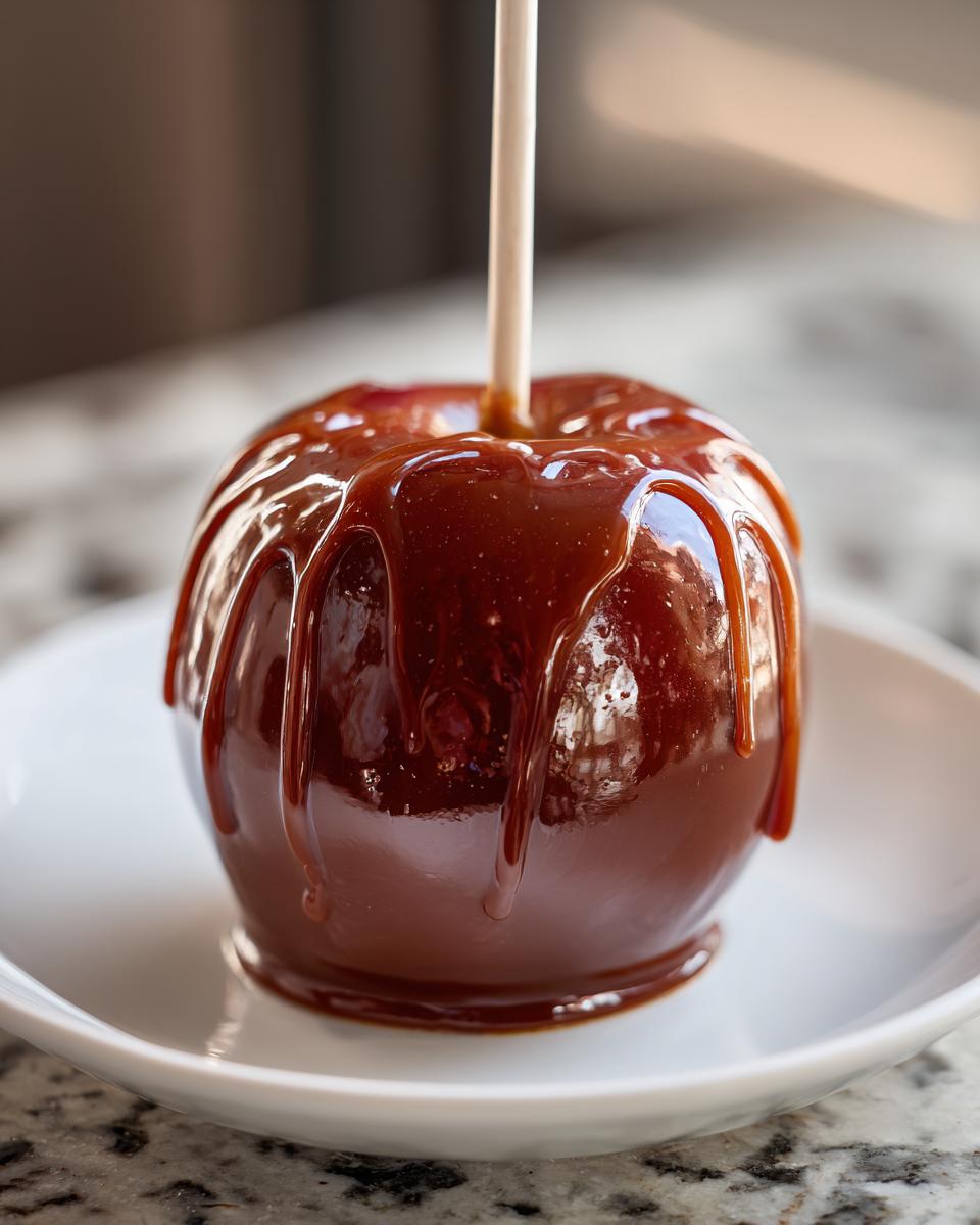 A close-up shot of a glossy caramel apple on a stick, dripping with rich caramel sauce.