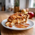 A delicious slice of caramel apple pie, generously drizzled with warm caramel sauce.