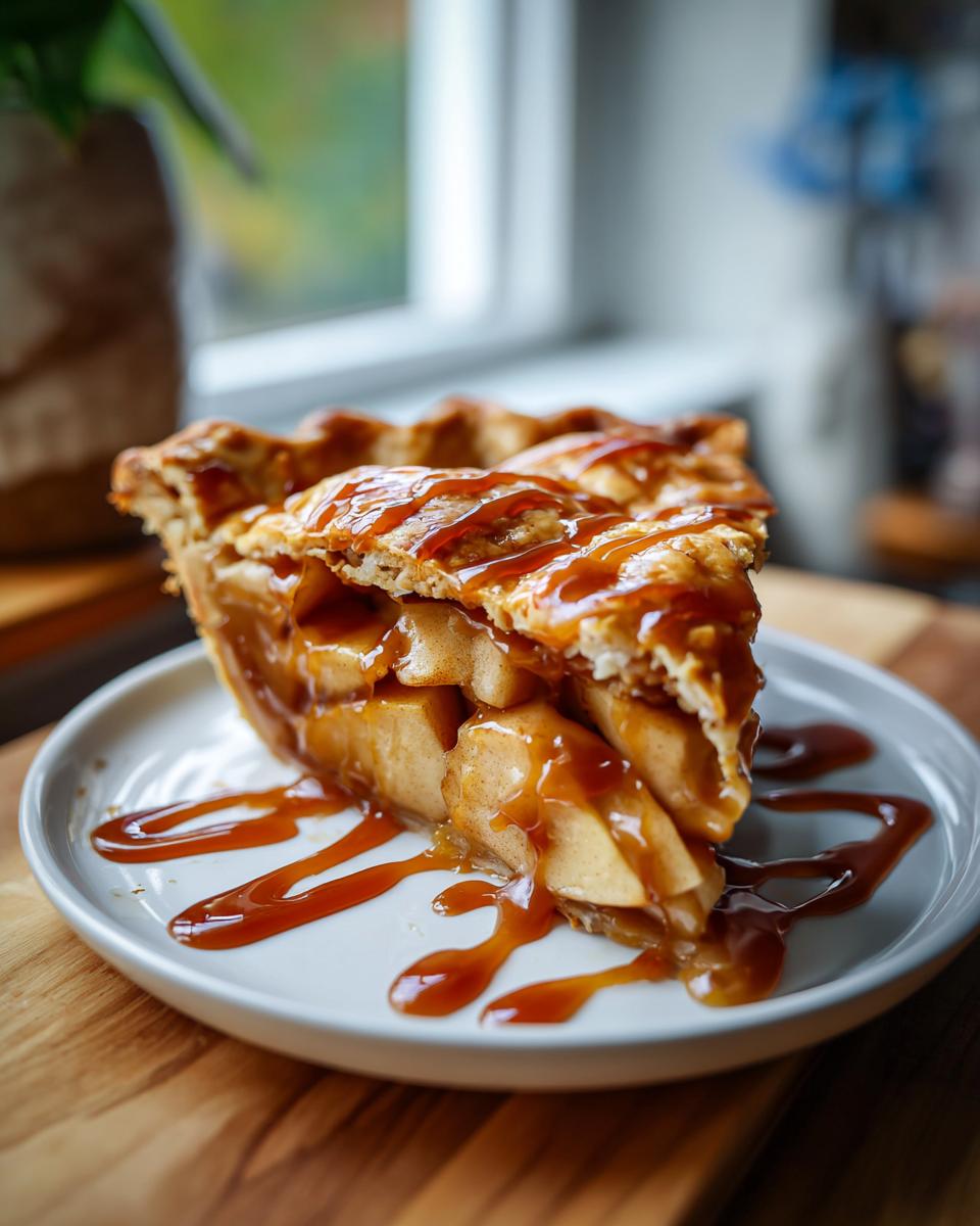 A decadent slice of caramel apple pie, with thick apple filling and a caramel drizzle.