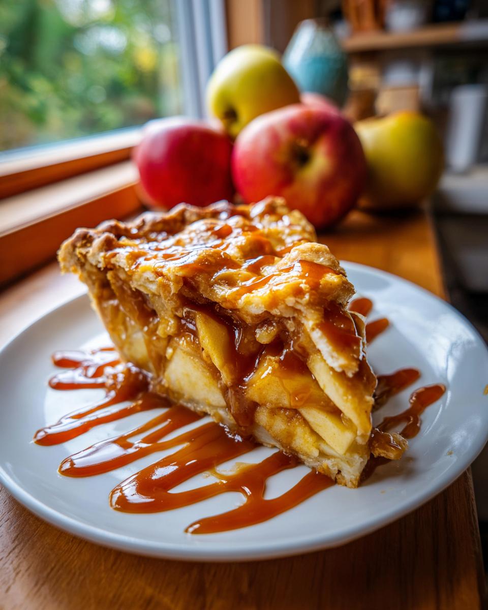 A decadent slice of caramel apple pie, drizzled with extra caramel sauce, on a white plate.