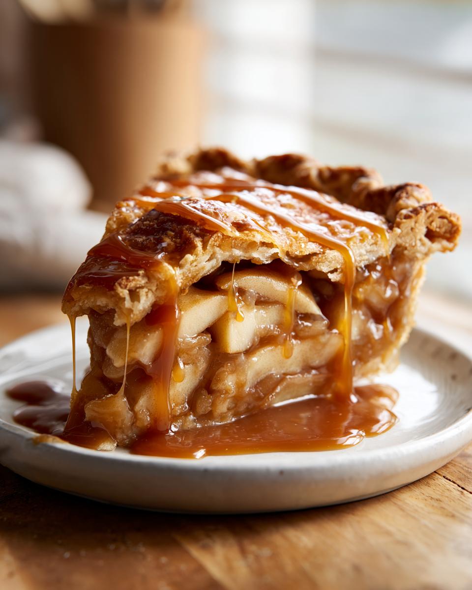 A decadent slice of caramel apple pie, with gooey caramel sauce dripping over the flaky crust and apple filling.