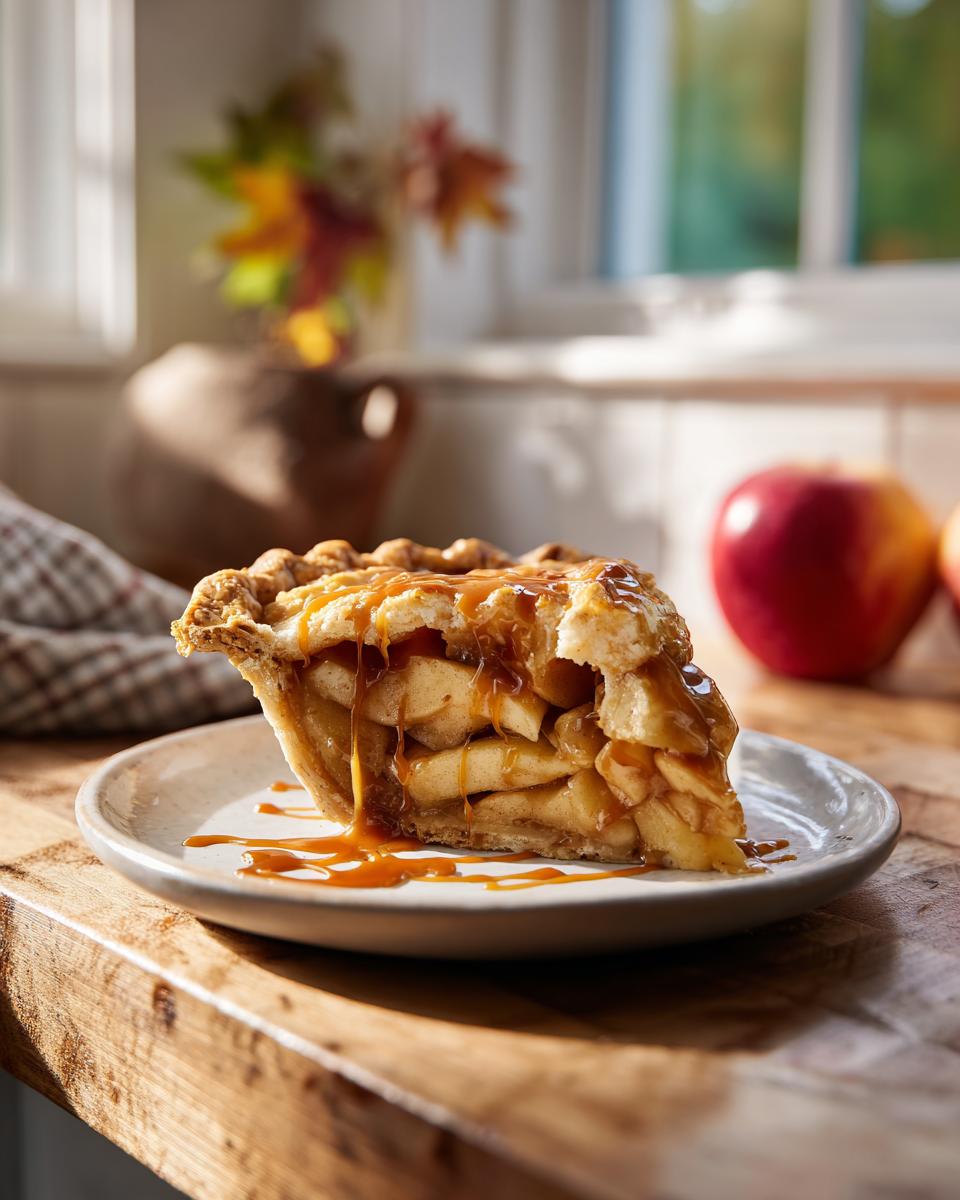 A decadent slice of caramel apple pie with a flaky crust and rich caramel sauce dripping down.