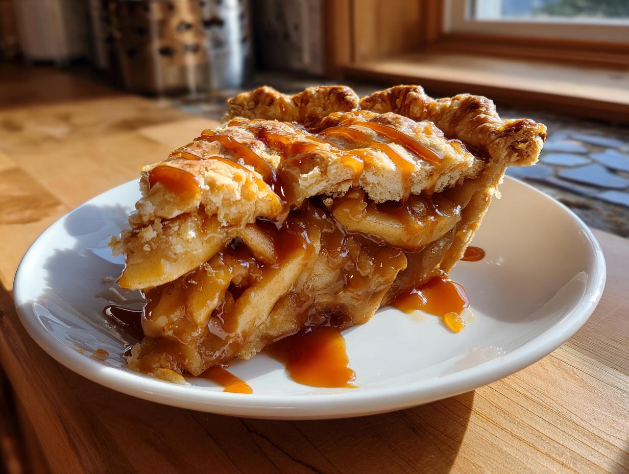 A close-up of a decadent slice of caramel apple pie, with flaky crust and gooey caramel filling.