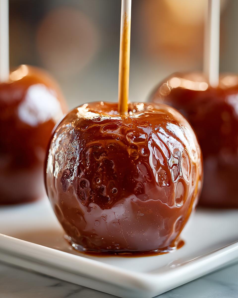 Close-up of three glossy caramel apples on sticks, with the front one in sharp focus.