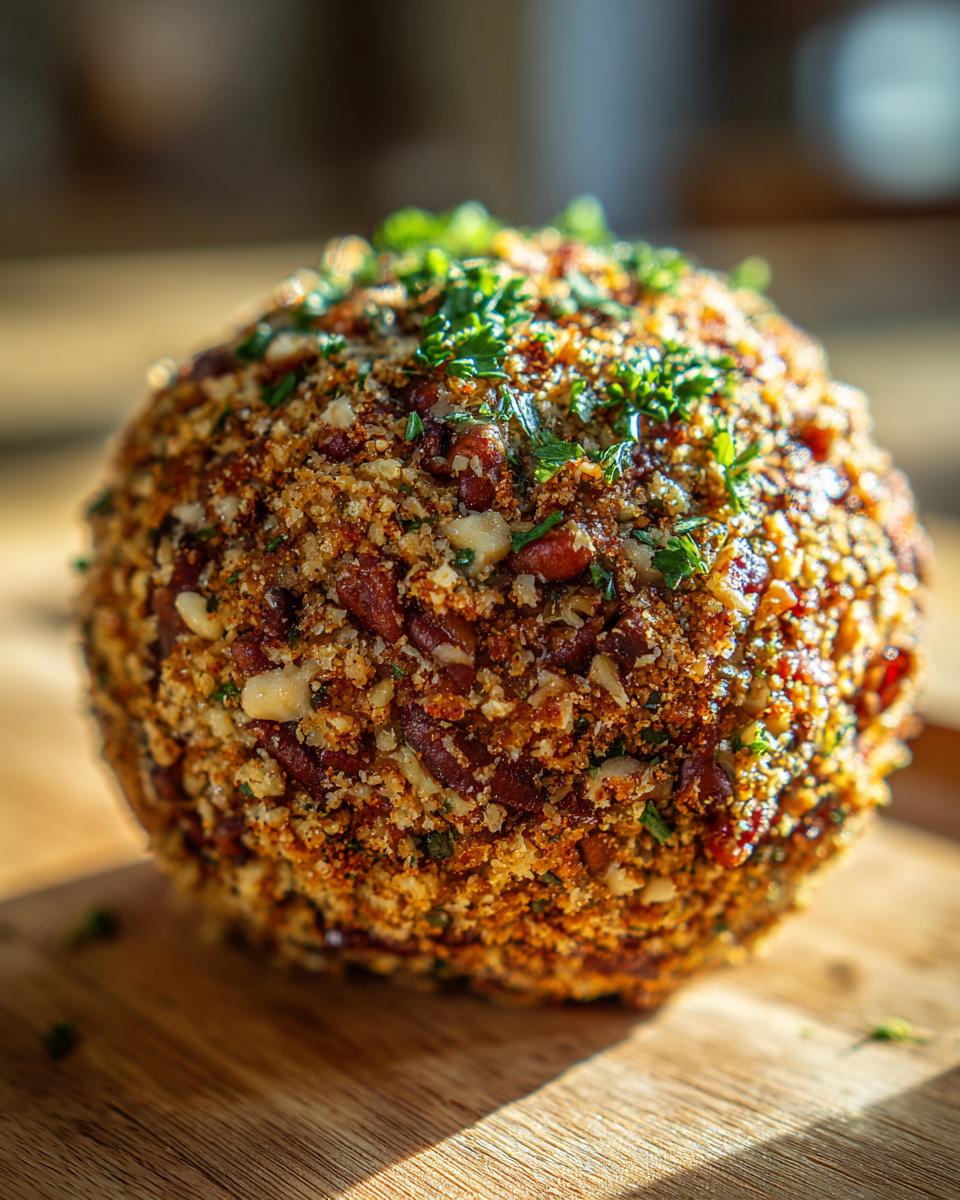 A close-up of a festive cheese ball coated in nuts and herbs, ready to be served.