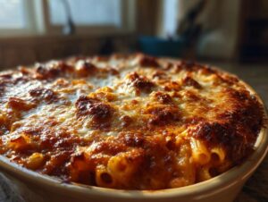 Close-up of a golden-brown, bubbly baked ziti casserole with melted cheese.
