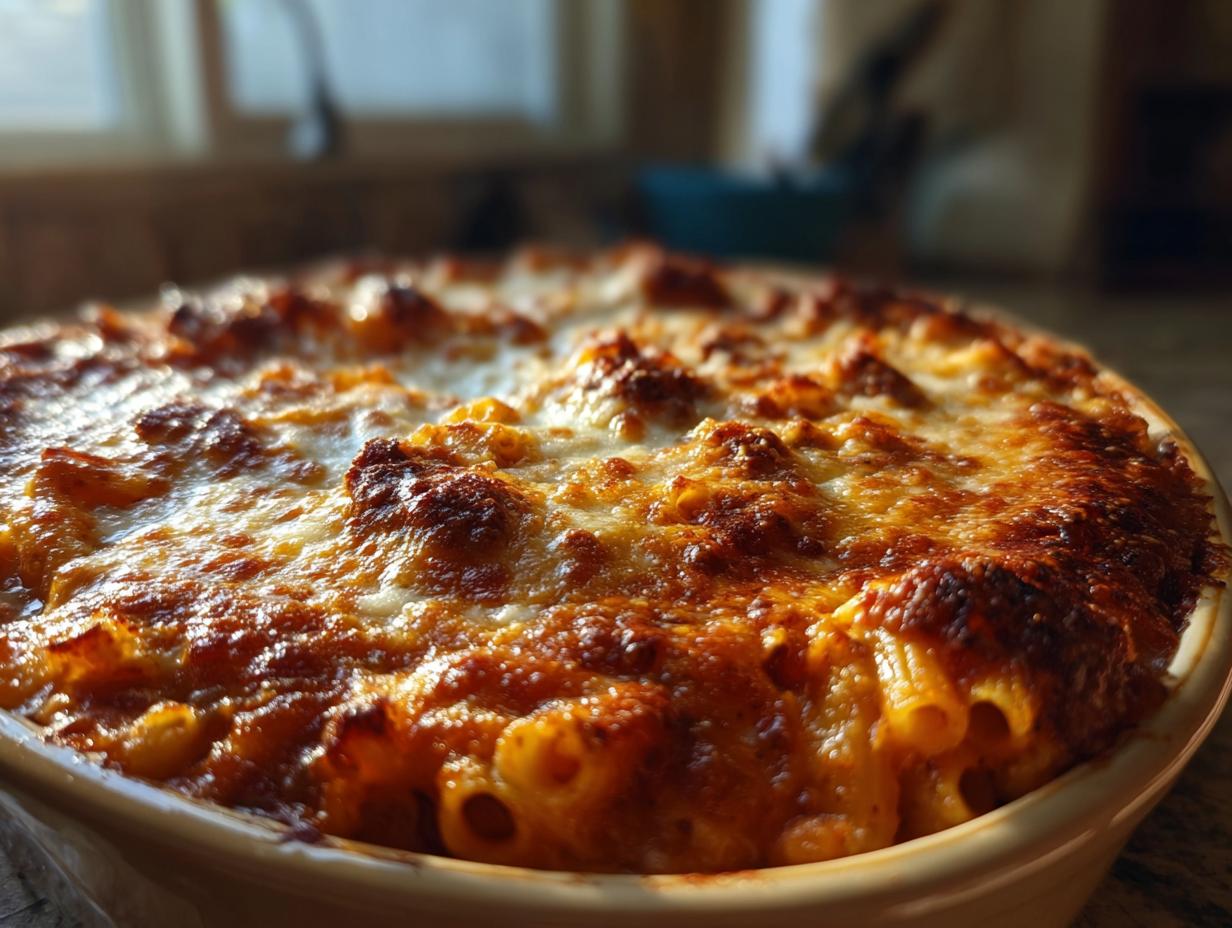 Close-up of a golden-brown, bubbly baked ziti casserole with melted cheese.