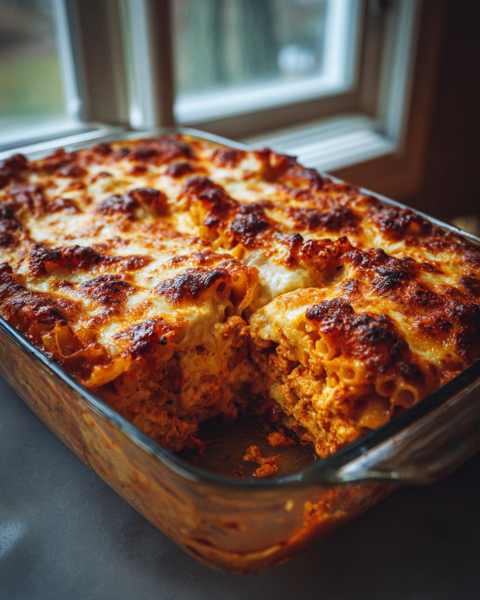 A close-up view of a bubbly, golden-brown cheesy baked ziti in a glass baking dish, with a serving removed.