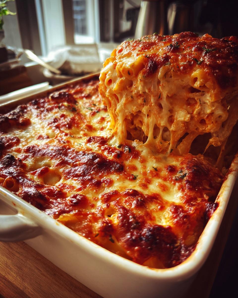 A serving spoon lifts a cheesy portion of baked ziti from a white casserole dish, showing gooey melted mozzarella.