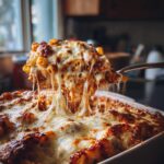 A serving spoon lifts a portion of cheesy baked ziti, with long strands of melted mozzarella cheese stretching.