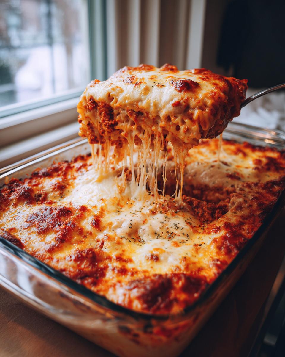 A serving spoon lifts a cheesy portion of Baked Ziti from a glass baking dish, showing gooey melted mozzarella cheese.