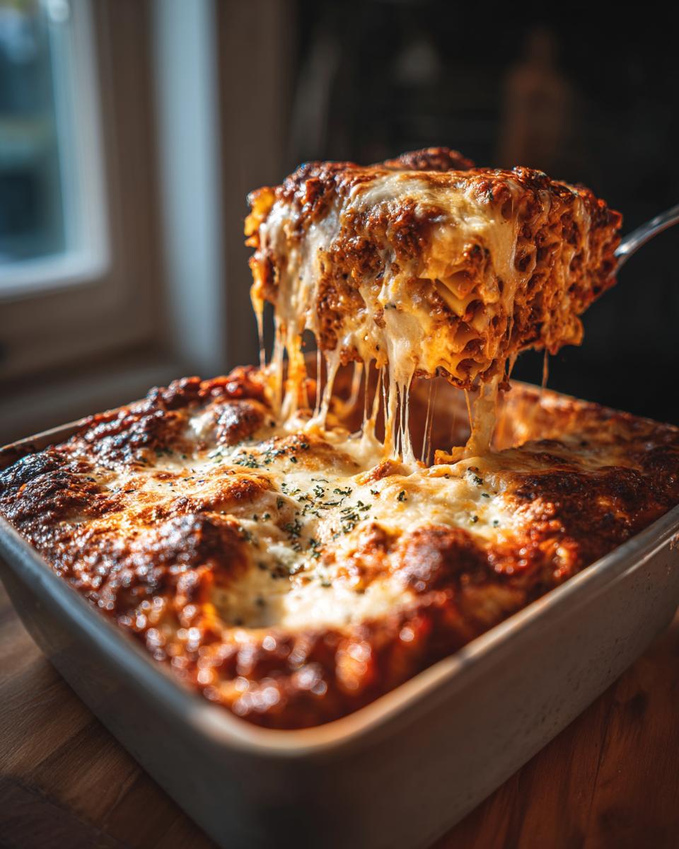 A serving spoon lifts a generous portion of cheesy baked ziti from a baking dish, showcasing gooey, melted cheese.