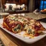 A close-up of cheesy spinach stuffed shells baked in marinara sauce, garnished with parsley.