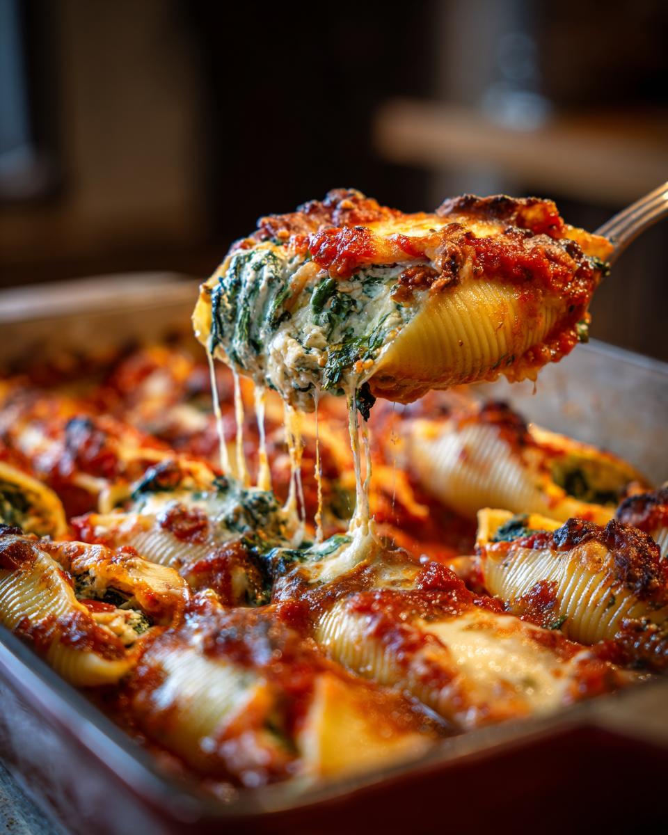 A serving spoon lifts a cheesy stuffed shell from a baking dish, showing melted mozzarella and spinach filling.