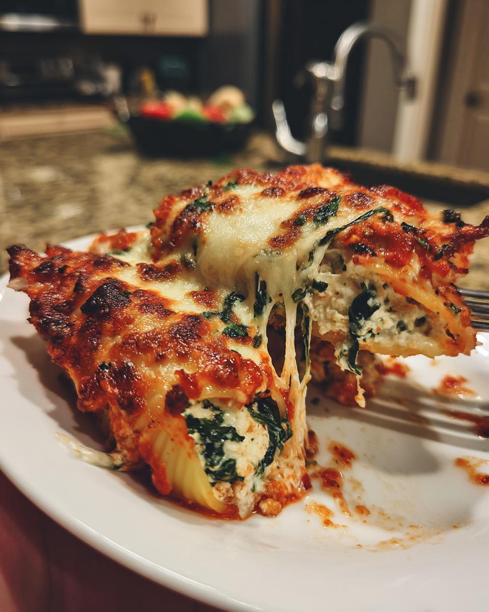 A close-up of cheesy stuffed shells with spinach and marinara sauce, showing melted cheese strings.
