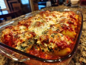 A close-up of baked stuffed shells in a glass dish, covered in marinara sauce and melted cheese, sprinkled with herbs.