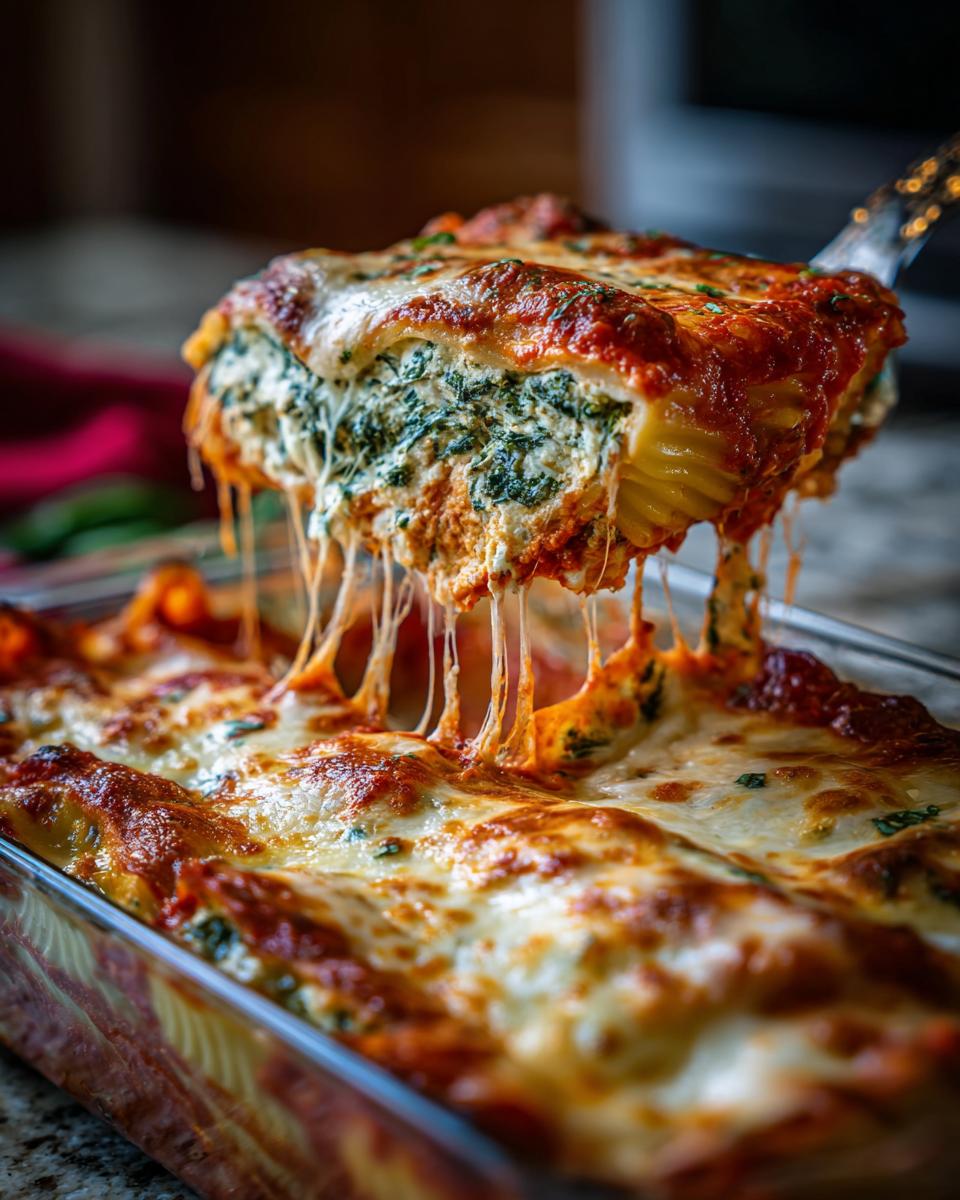 A serving spoon lifting a cheesy portion of stuffed shells, with melted cheese stretching.