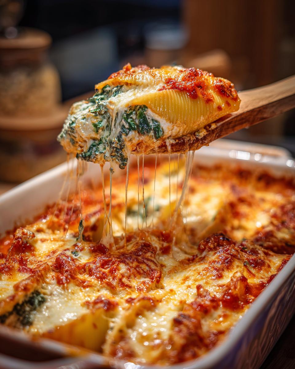 A spoonful of cheesy stuffed shells with spinach, showing gooey melted cheese strings.