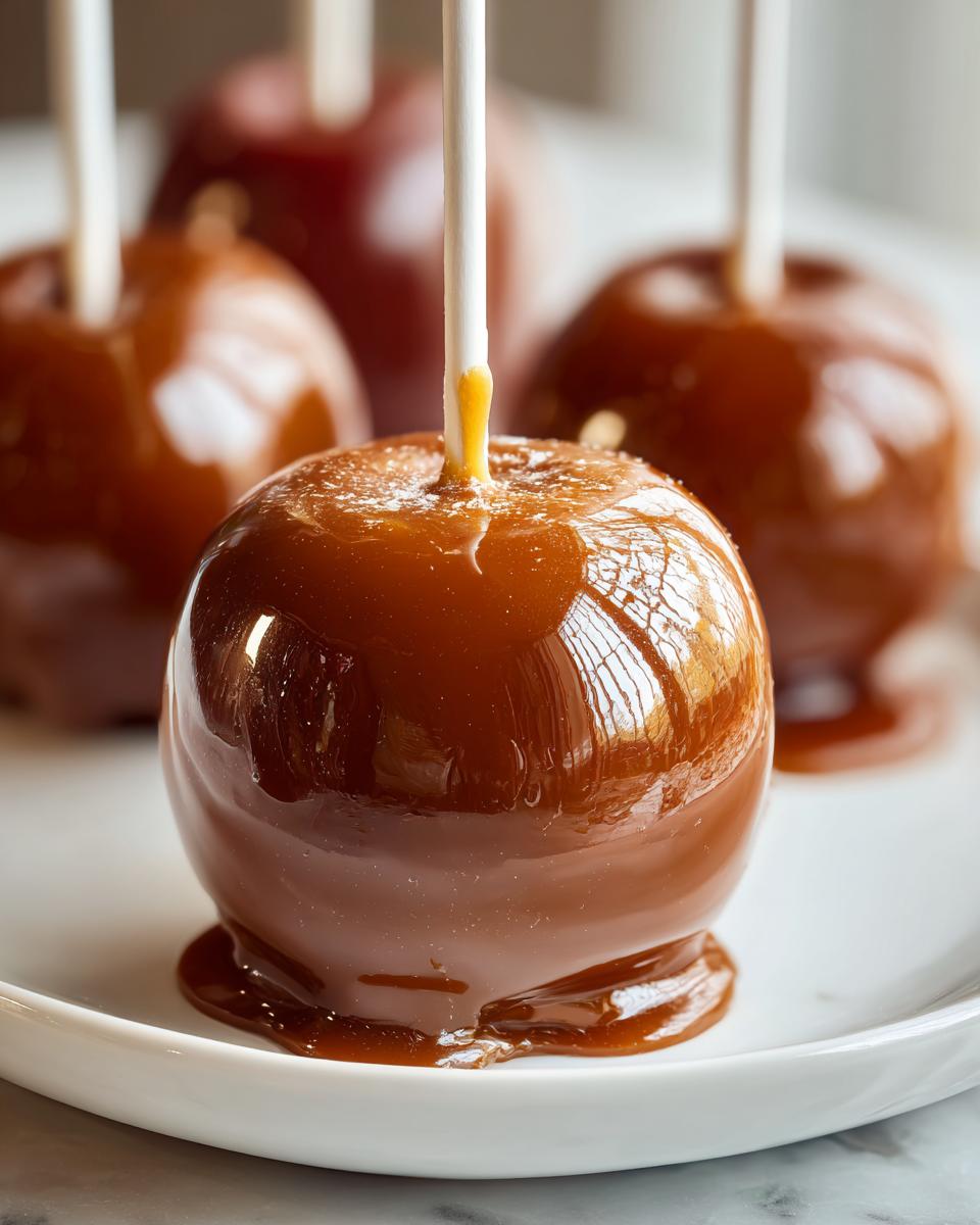 Close-up of a glossy, chewy caramel apple on a white plate, with more caramel apples in the background.
