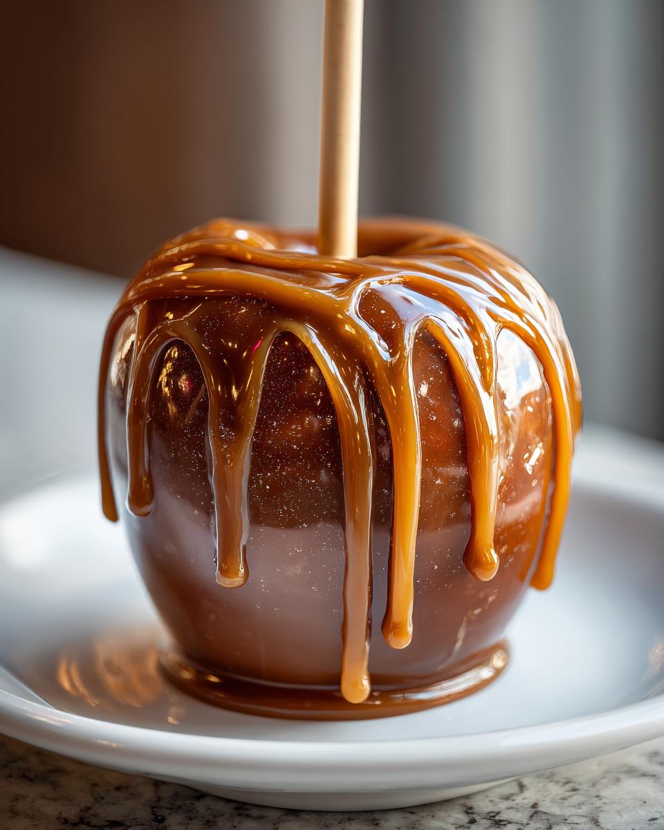 A close-up of a glossy caramel apple with thick caramel drizzles, on a white plate.
