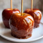 Close-up of three glossy, chewy caramel apples on sticks, arranged on a white plate.