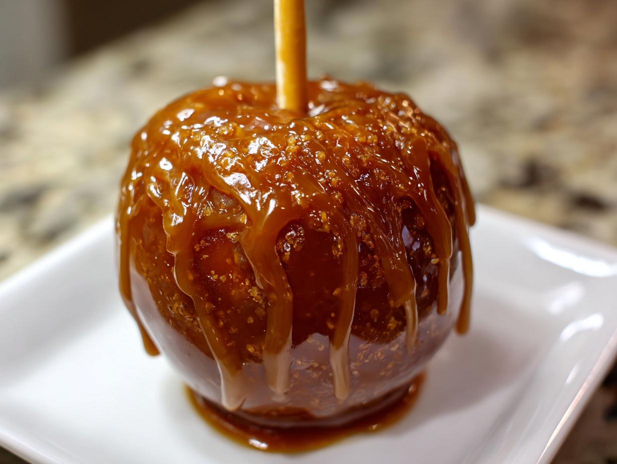 Close-up of a delicious caramel apple with chewy caramel coating and a stick inserted.