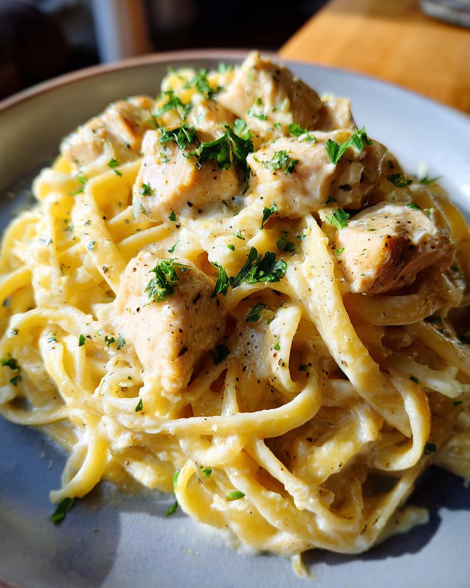 A close-up of creamy Chicken Alfredo pasta, featuring fettuccine noodles, tender chicken pieces, and fresh parsley.