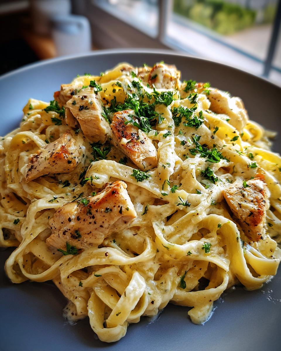 A close-up of creamy Chicken Alfredo pasta with grilled chicken pieces and fresh parsley garnish.