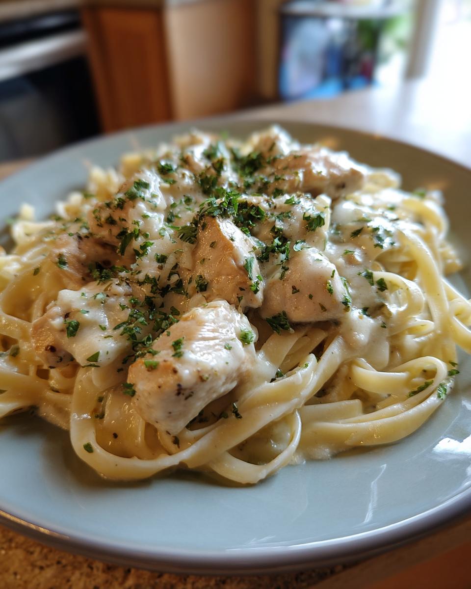 A close-up of creamy Chicken Alfredo pasta with fettuccine noodles and tender chicken pieces, garnished with fresh parsley.