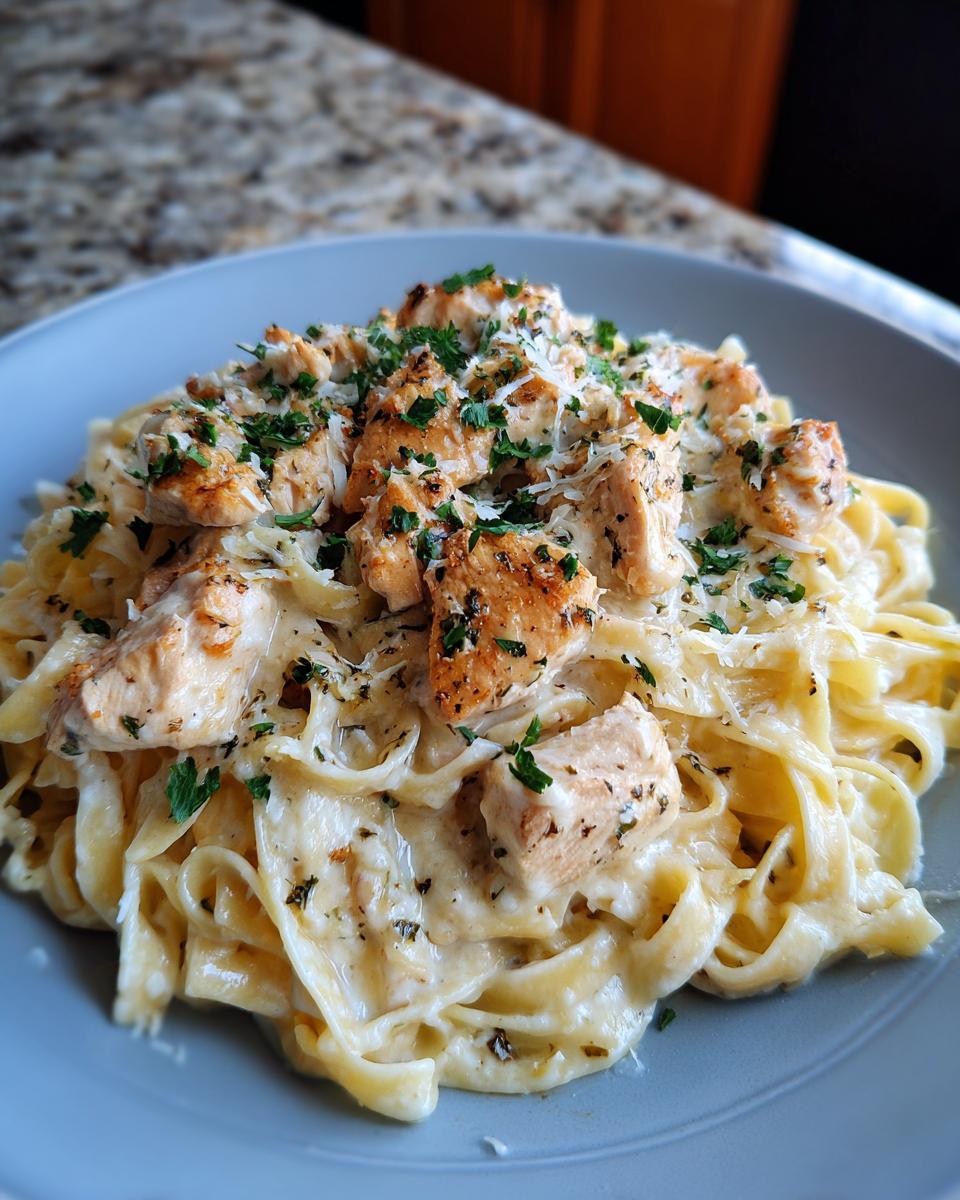 A close-up of creamy Chicken Alfredo pasta topped with grilled chicken pieces and fresh parsley.