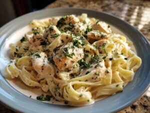 A close-up of creamy Chicken Alfredo pasta, featuring fettuccine noodles and tender chicken pieces, garnished with fresh parsley.