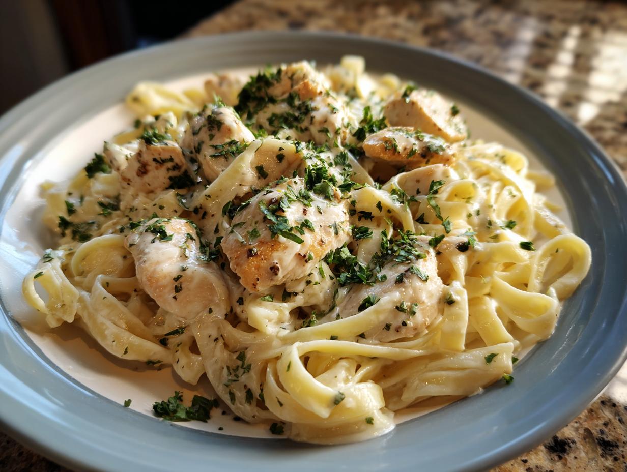 A close-up of creamy Chicken Alfredo pasta, featuring fettuccine noodles and tender chicken pieces, garnished with fresh parsley.