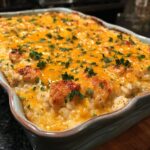 Close-up of a freshly baked chicken and rice casserole in a baking dish, topped with melted cheddar cheese and parsley.