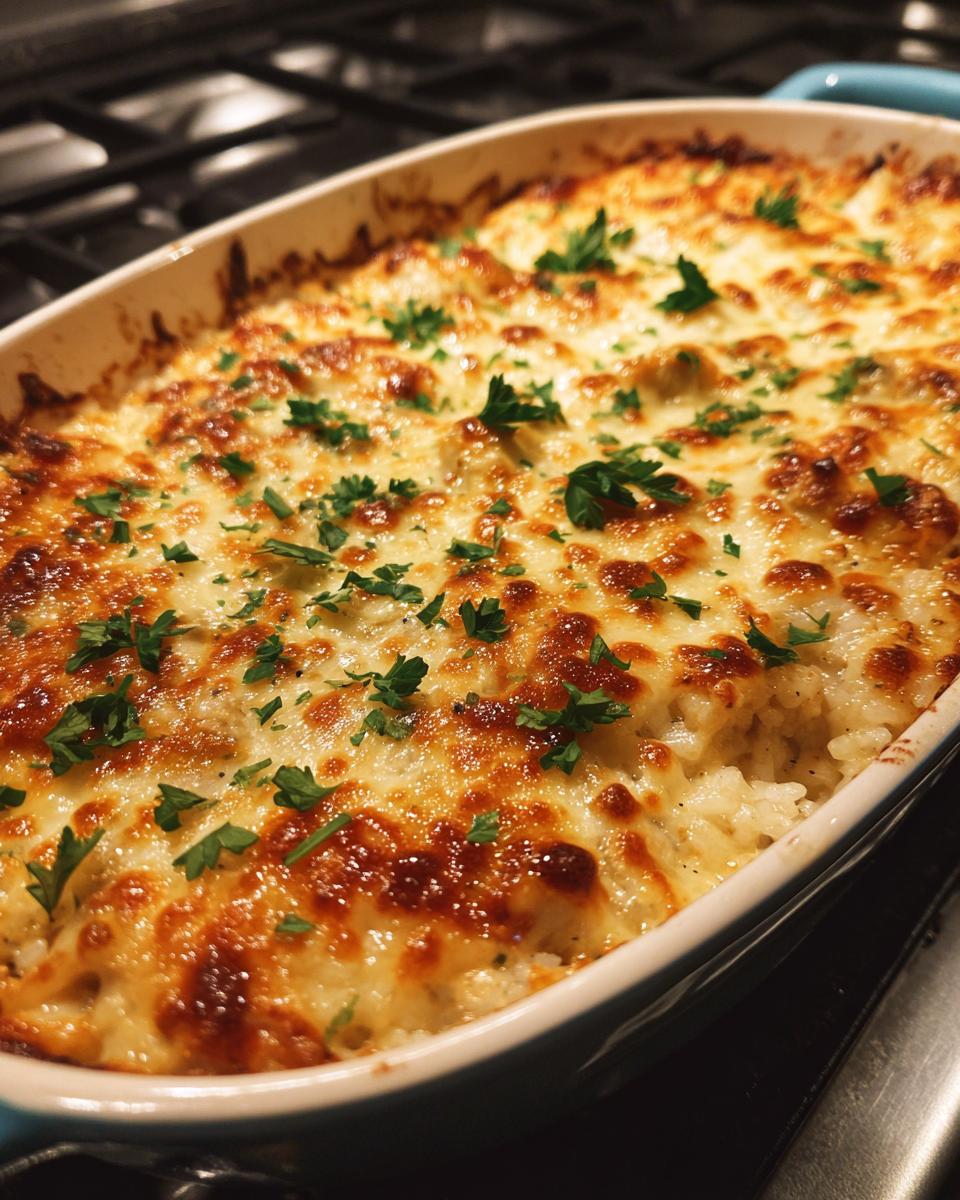 Close-up of a bubbly, golden-brown chicken and rice casserole topped with melted cheese and fresh parsley.